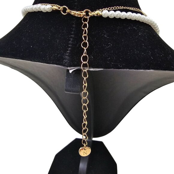 Double-Strand Pearl Chain Collar Necklace & Dainty Gold Chain 15"+3" - Picture 4 of 5